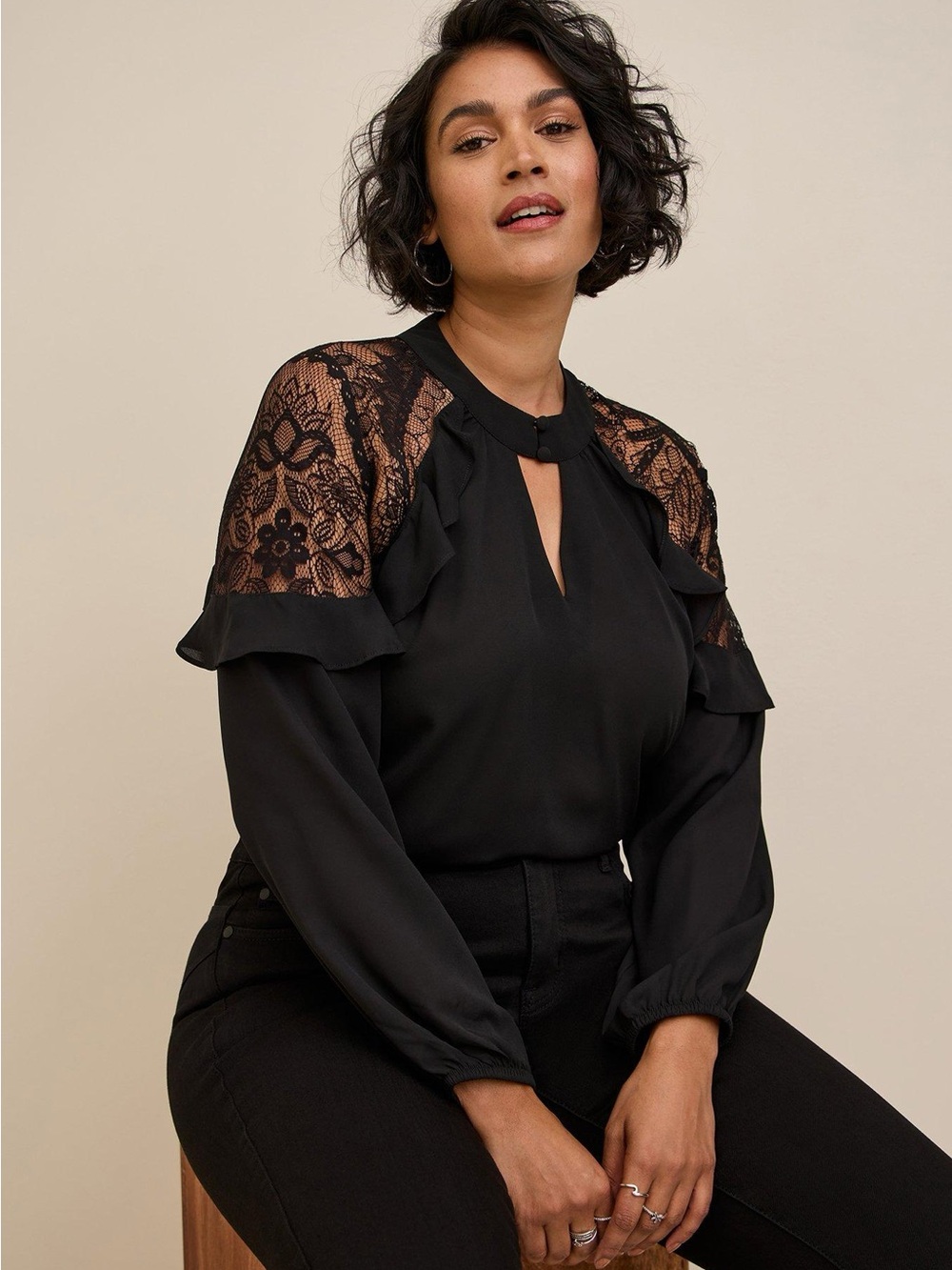 NWT Torrid Georgette Crochet Lace Ruffle Keyhole Blouse Black 5X